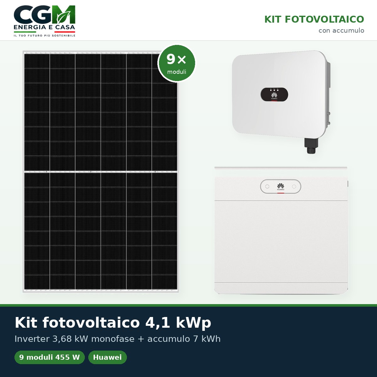 Kit fotovoltaico monofase 4095W inverter 3.68kW Huawei batteria al litio 7kWh LUNA2000 - CGM Energia e Casa