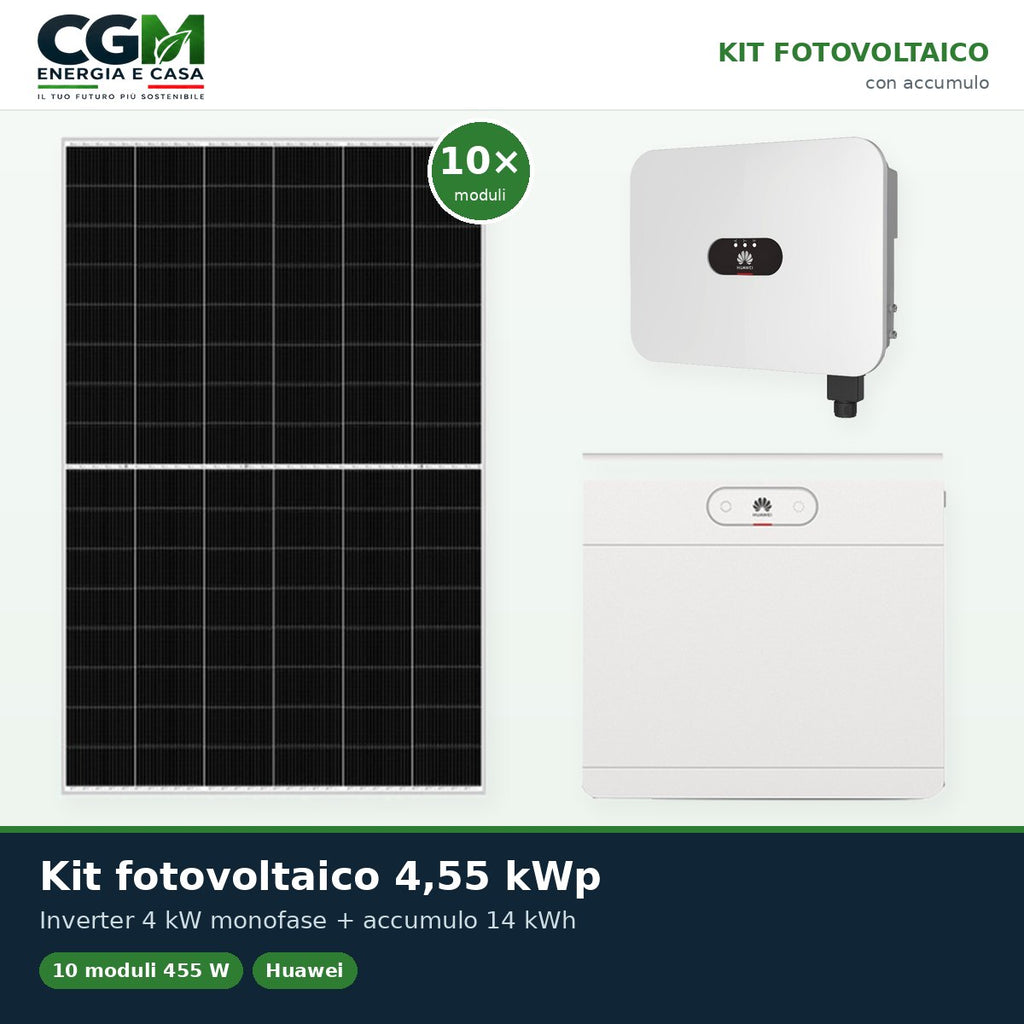 Kit fotovoltaico monofase 4550W inverter 4kW Huawei batteria al litio 14kWh LUNA2000 - CGM Energia e Casa