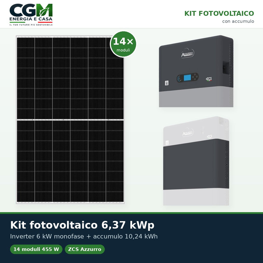 Kit fotovoltaico monofase 6370W inverter 6kW All in one litio 10.24kWh HV ZBT 5K Zucchetti - CGM Energia e Casa