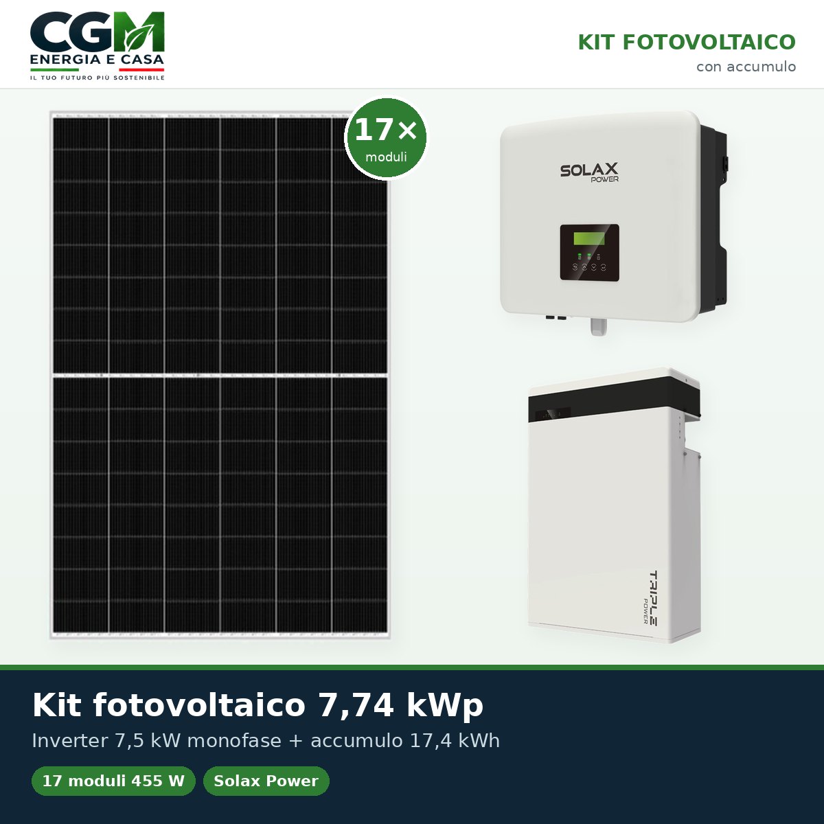 Kit fotovoltaico monofase 7735W inverter 7.5kW batteria al litio 17.4KWh T-BAT-H5.8 Solax Power - CGM Energia e Casa