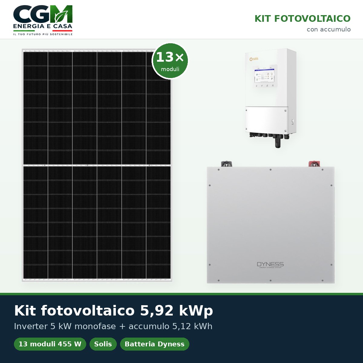 Kit fotovoltaico monofase 5915W inverter 5kW Solis batteria al litio 5.12kWh Dyness DL5.0C - CGM Energia e Casa