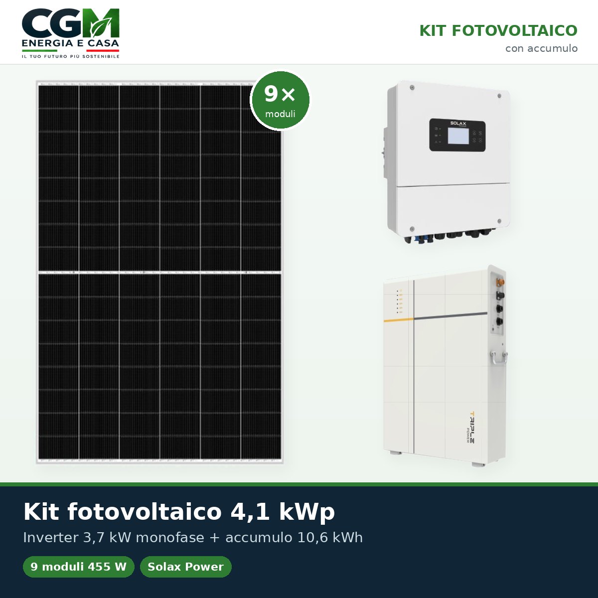 Kit fotovoltaico monofase 4095W inverter 3.7kW LV batteria al litio 10.6KWh TP-LD53 Solax Power - CGM Energia e Casa