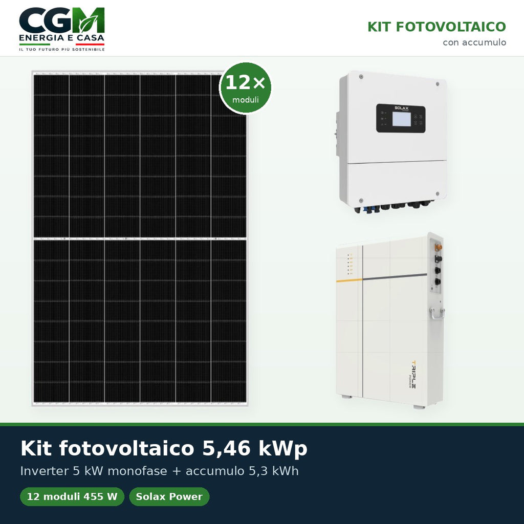 Kit fotovoltaico monofase 5460W inverter 5kW LV batteria al litio 5.3KWh TP-LD53 Solax Power - CGM Energia e Casa