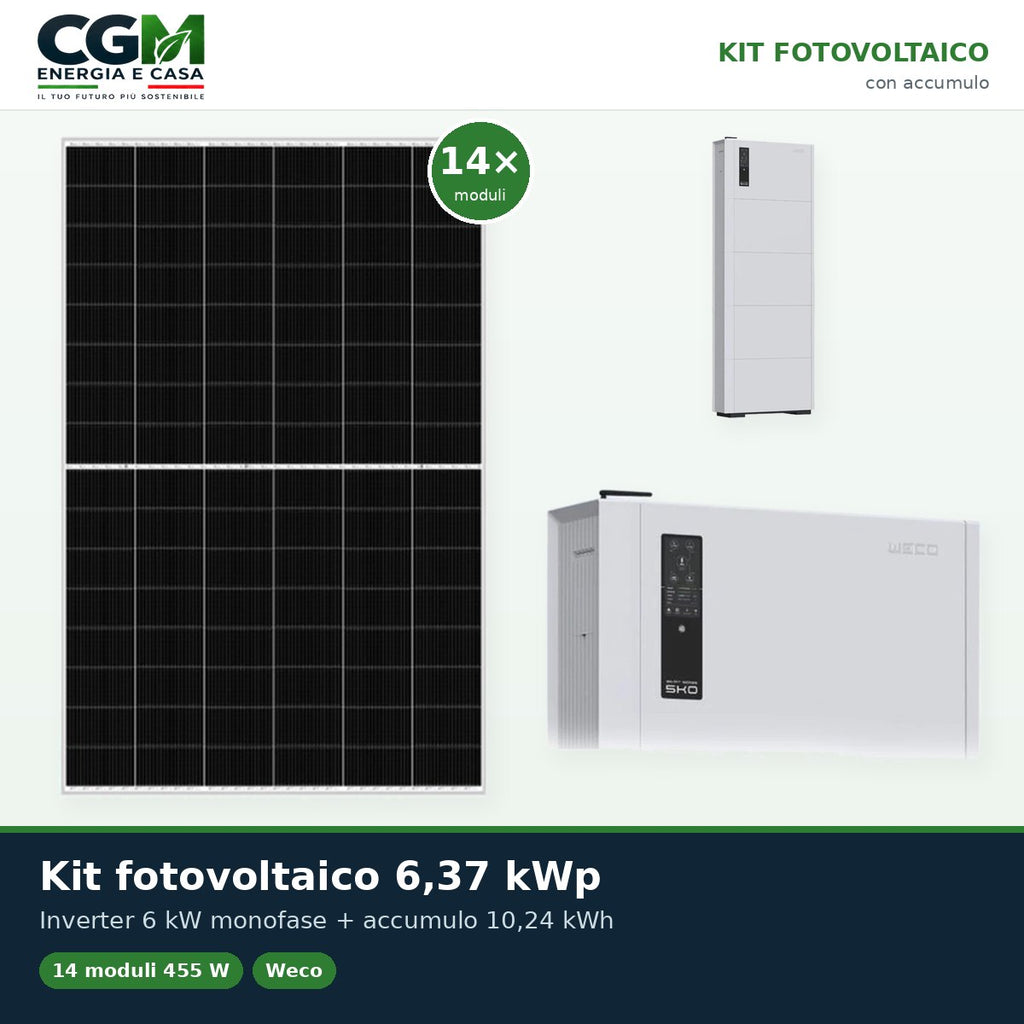 Kit fotovoltaico monofase 6370W inverter SMART EU 6kW accumulo 10.24kWh Weco 5k0 - CGM Energia e Casa