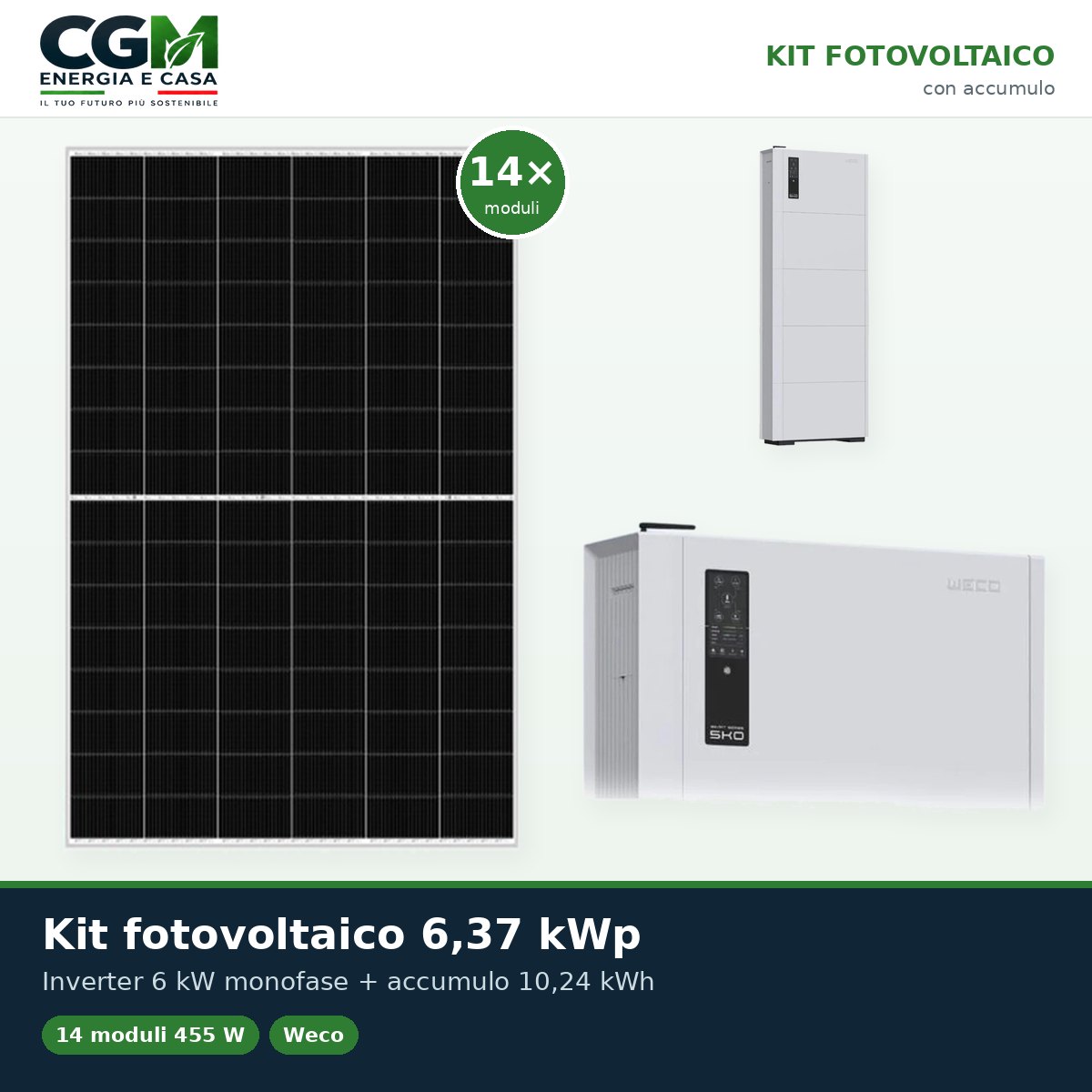 Kit fotovoltaico monofase 6370W inverter SMART EU 6kW accumulo 10.24kWh Weco 5k0 - CGM Energia e Casa