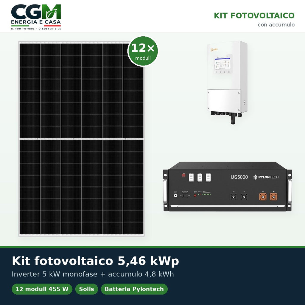 Kit fotovoltaico monofase 5460W inverter 5kW Solis batteria al litio 4.8kWh Pylontech US5000 - CGM Energia e Casa