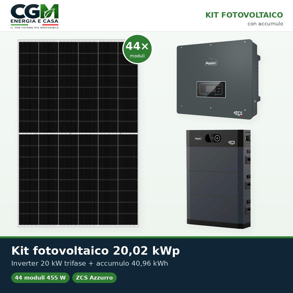 Kit fotovoltaico trifase 20020W inverter 20kW batteria al litio 40.96kWh HV SMART 5K Zucchetti - CGM Energia e Casa