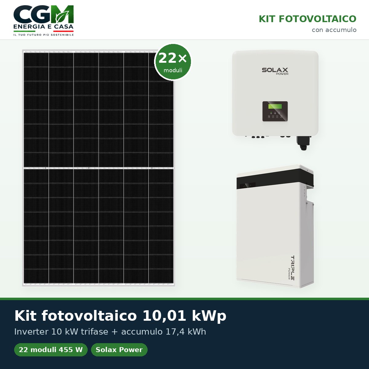 Kit fotovoltaico trifase 10010W inverter 10kW litio 17.4KWh T-BAT-H5.8 Solax Power - CGM Energia e Casa