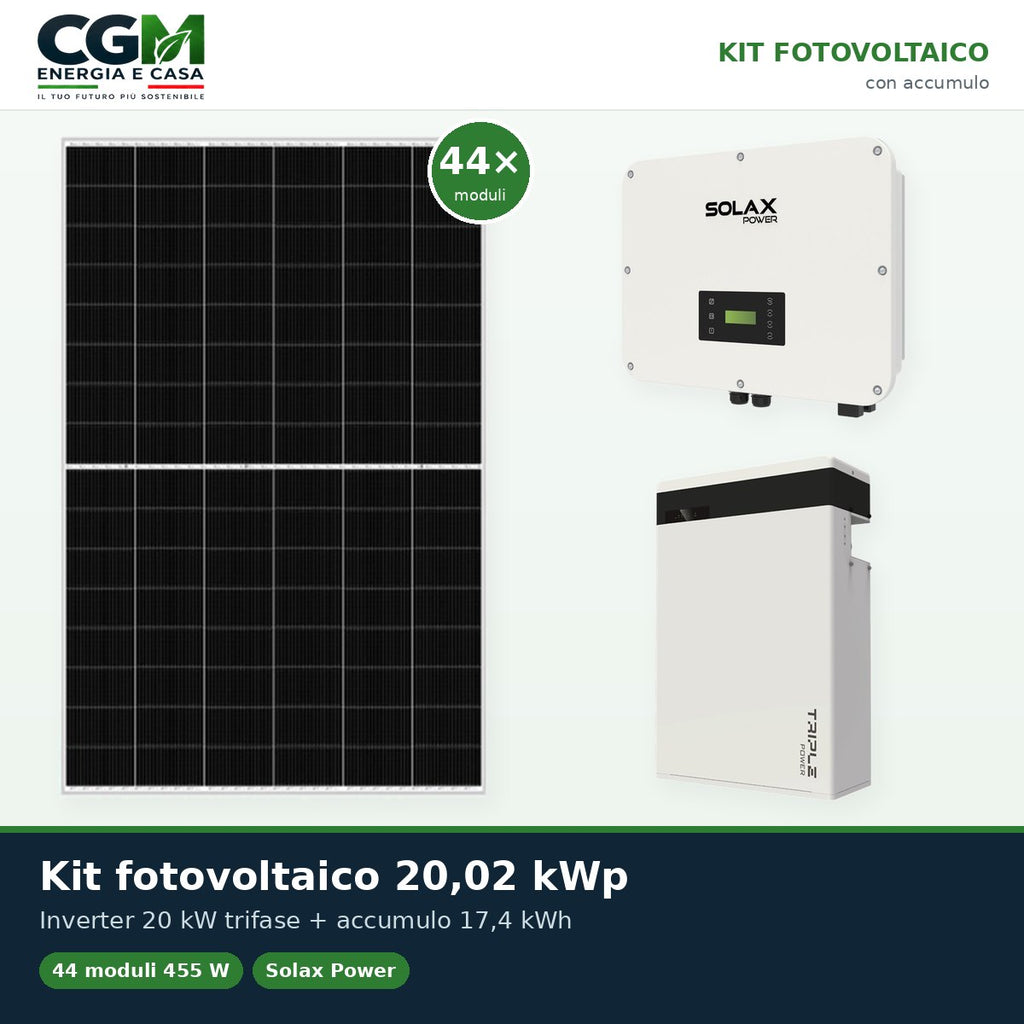 Kit fotovoltaico trifase 20020W inverter 20kW litio 17.4KWh T-BAT-H5.8 Solax Power - CGM Energia e Casa