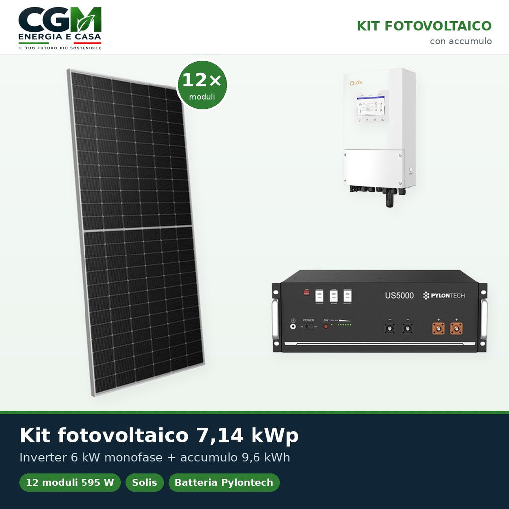 Kit fotovoltaico monofase 7140W inverter 6kW Solis accumulo litio 9.6kWh Pylontech US5000 - CGM Energia e Casa