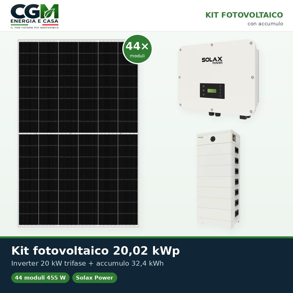 Kit fotovoltaico trifase 20020W inverter 20kW batteria al litio 32.4kWh TP-HS36 Solax Power - CGM Energia e Casa