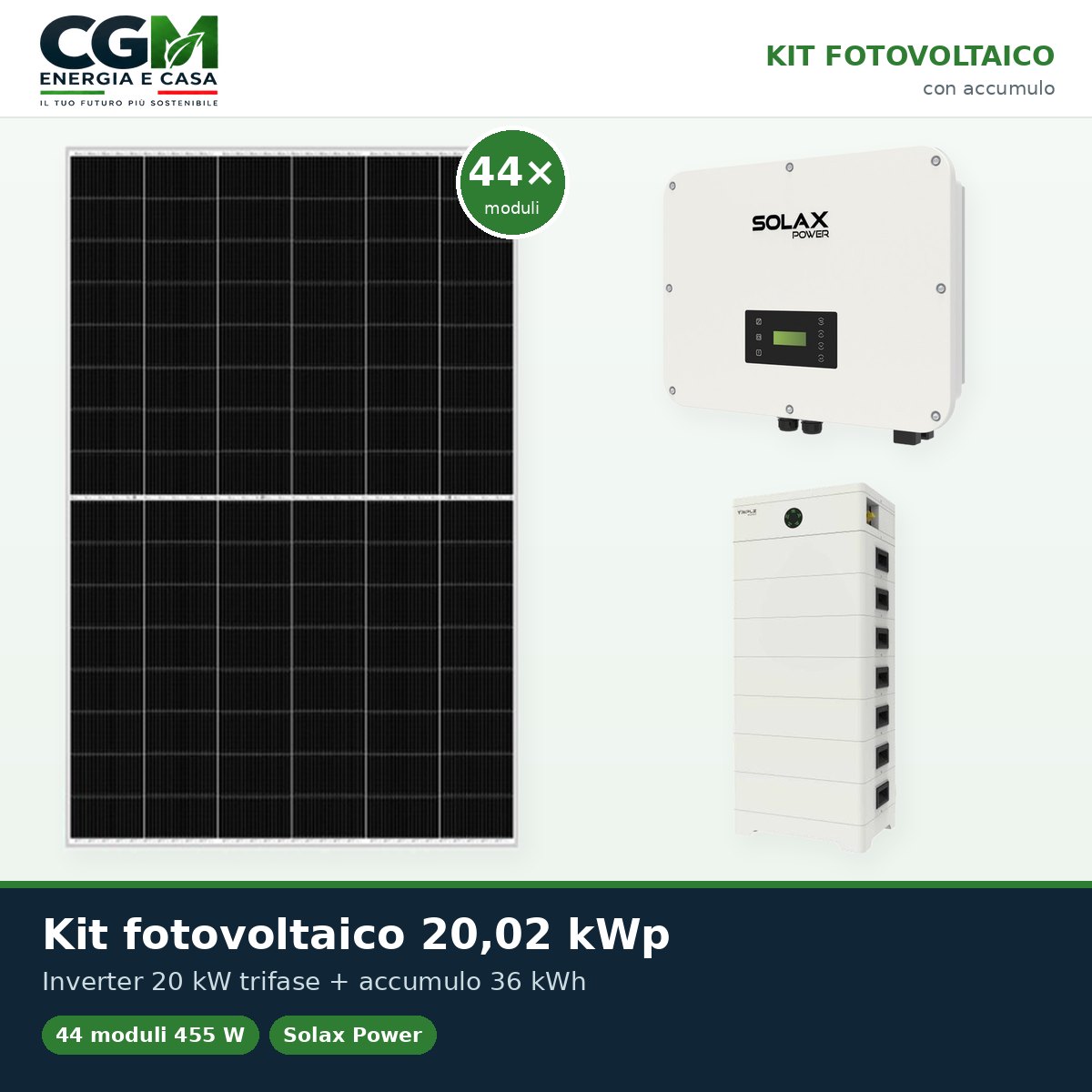 Kit fotovoltaico trifase 20020W inverter 20kW batteria al litio 36kWh TP-HS36 Solax Power - CGM Energia e Casa