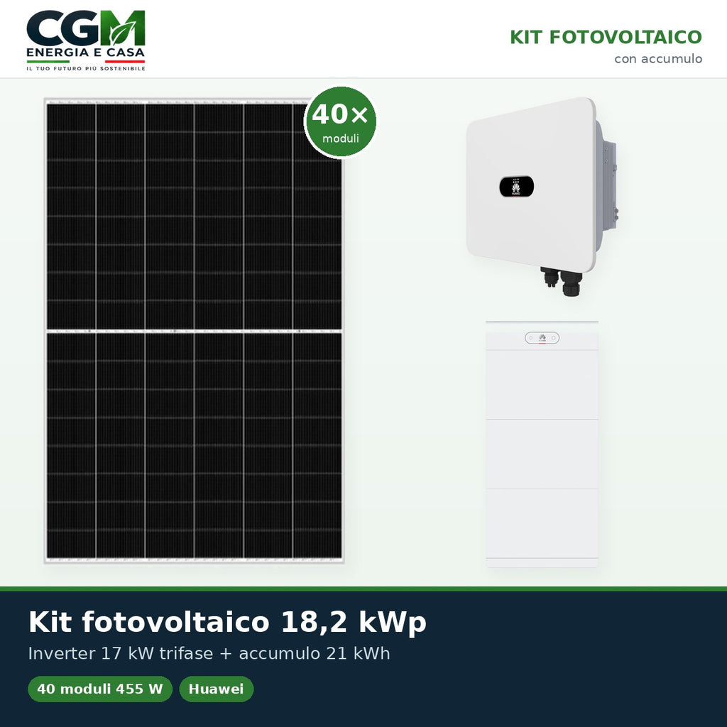 Kit fotovoltaico trifase 18200W inverter 17kW MB0 Huawei batteria al litio 21kWh LUNA2000 BMS - CGM Energia e Casa