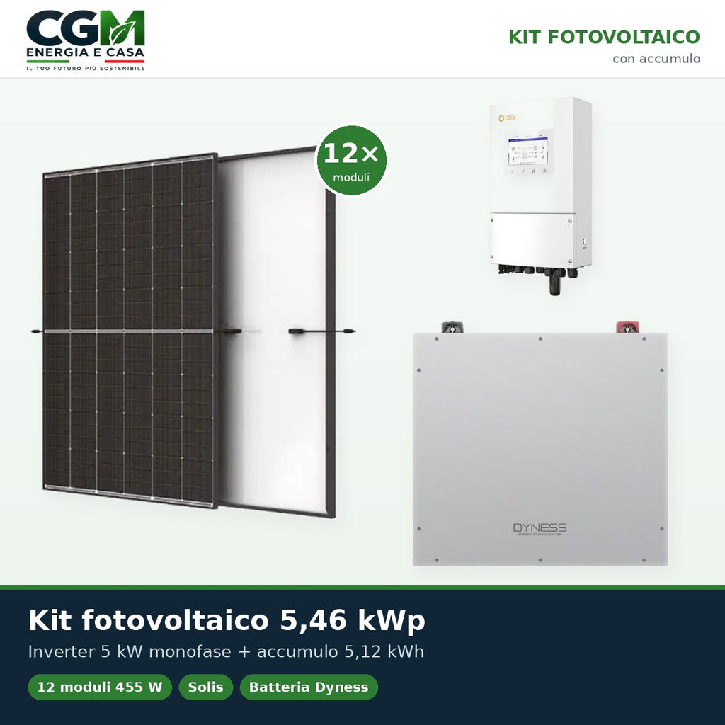 Kit fotovoltaico monofase 5460W inverter 5kW Solis accumulo litio 5.12kWh Dyness DL5.0C - CGM Energia e Casa