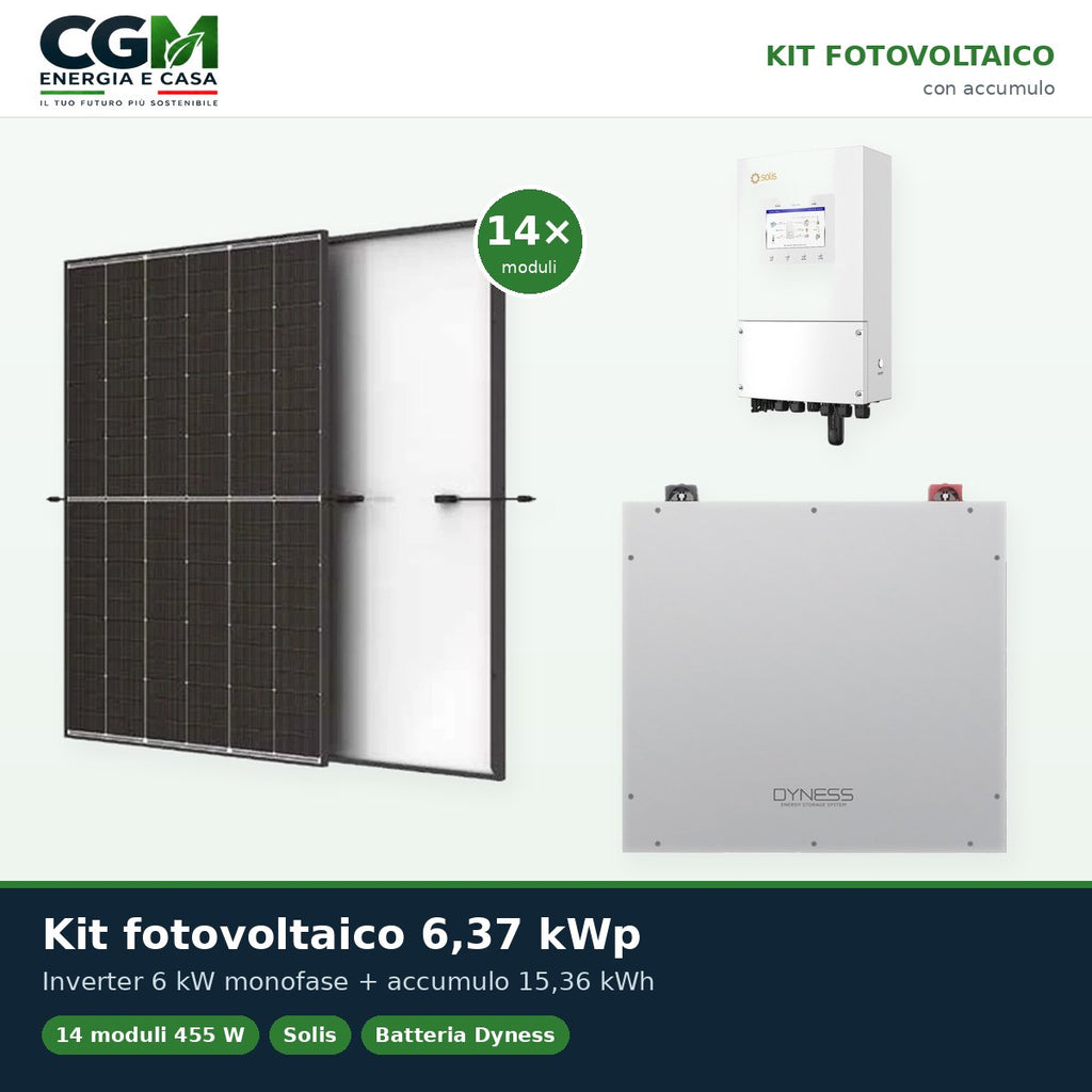 Kit fotovoltaico monofase 6370W inverter 6kW Solis accumulo litio 15.36kWh Dyness DL5.0C - CGM Energia e Casa