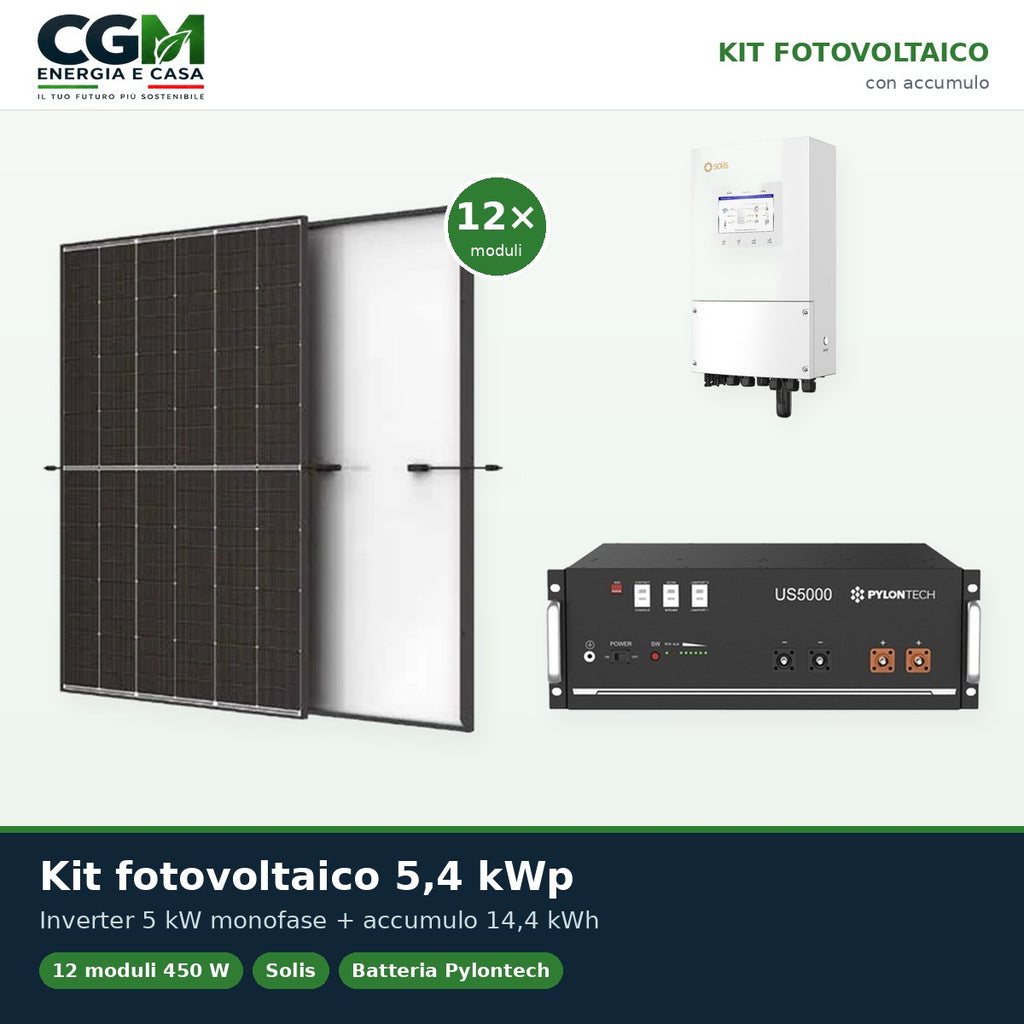 Kit fotovoltaico monofase 5400W inverter Solis 5kW batteria al litio 14.4kWh Pylontech US5000 - CGM Energia e Casa