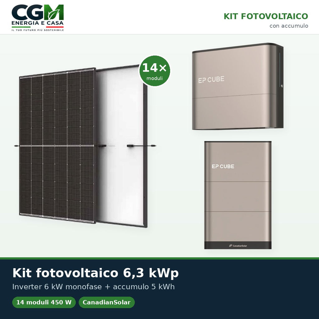 Kit fotovoltaico monofase 6300W inverter 6kW EP CUBE batteria al litio 5kWh CanadianSolar - CGM Energia e Casa