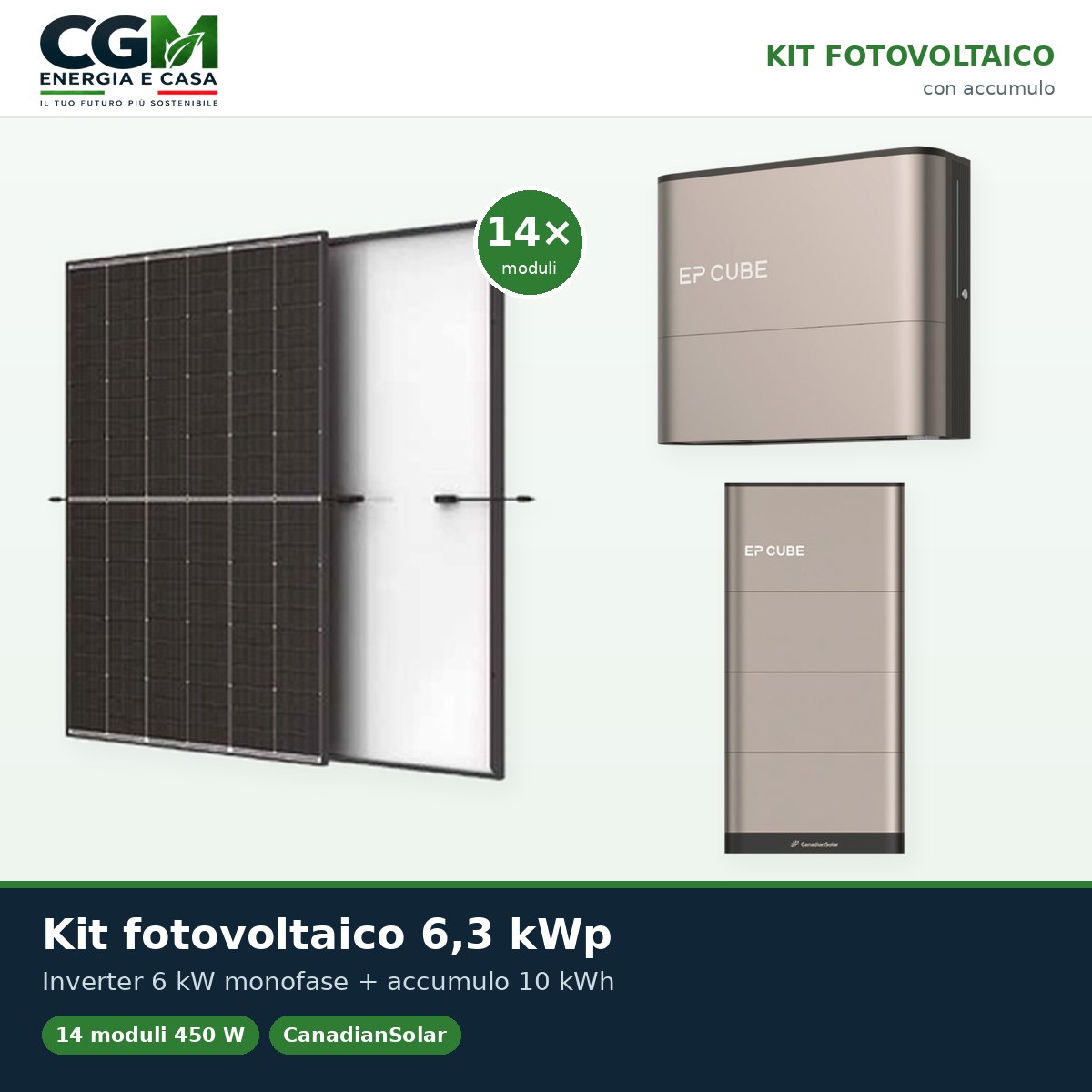 Kit fotovoltaico monofase 6300W inverter 6kW EP CUBE batteria al litio 10kWh CanadianSolar - CGM Energia e Casa