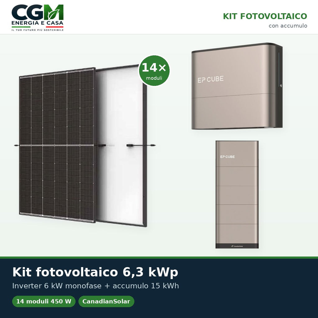 Kit fotovoltaico monofase 6300W inverter 6kW EP CUBE batteria al litio 15kWh CanadianSolar - CGM Energia e Casa