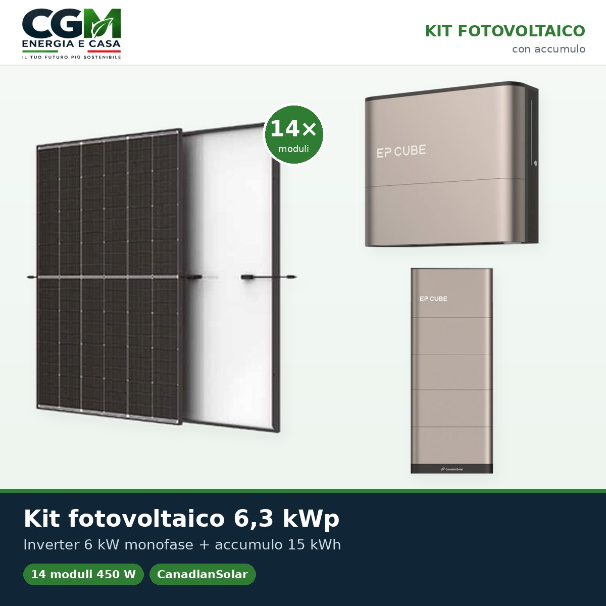 Kit fotovoltaico monofase 6300W inverter 6kW EP CUBE batteria al litio 15kWh CanadianSolar - CGM Energia e Casa