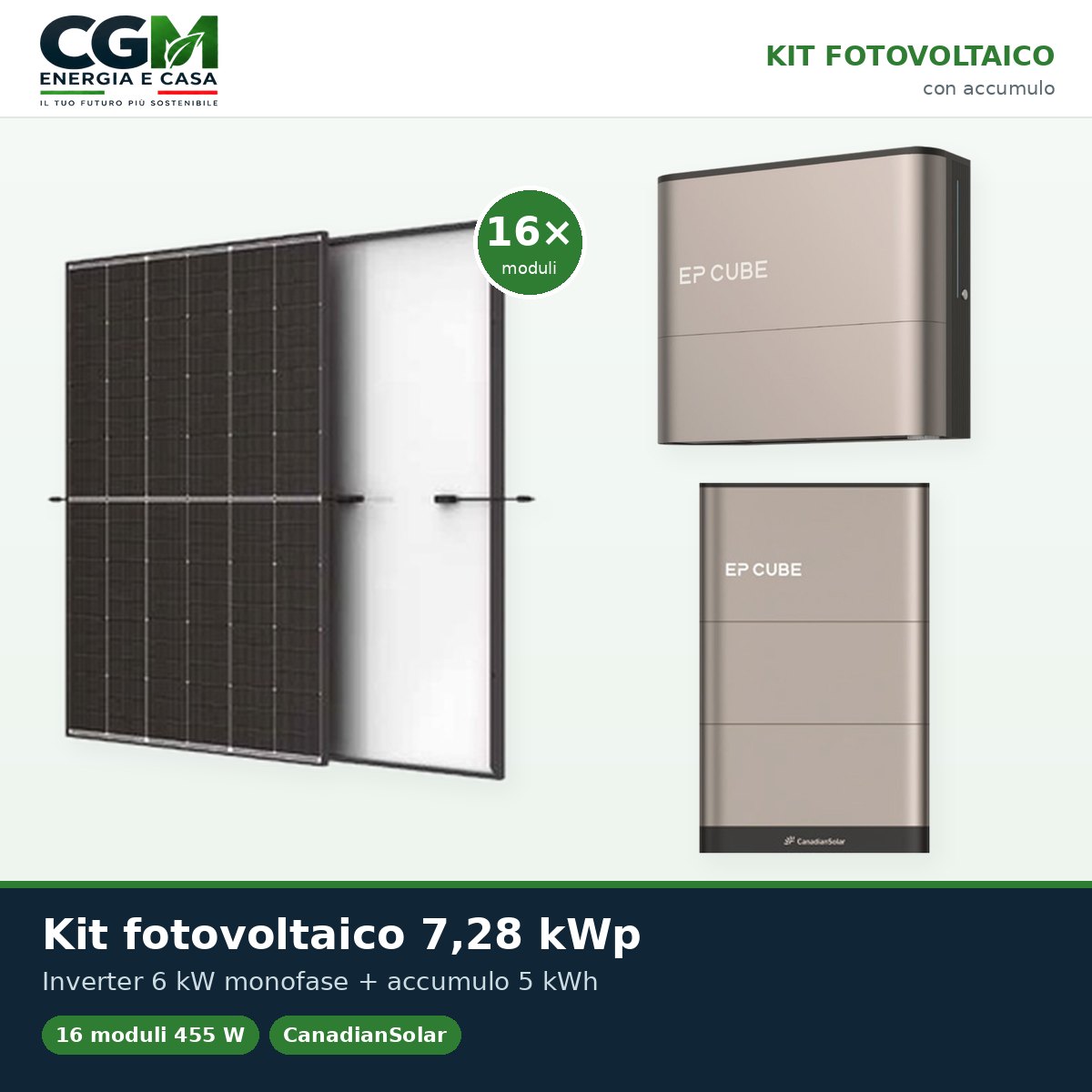 Kit fotovoltaico monofase 7280W inverter 6kW EP CUBE batteria al litio 5kWh CanadianSolar - CGM Energia e Casa