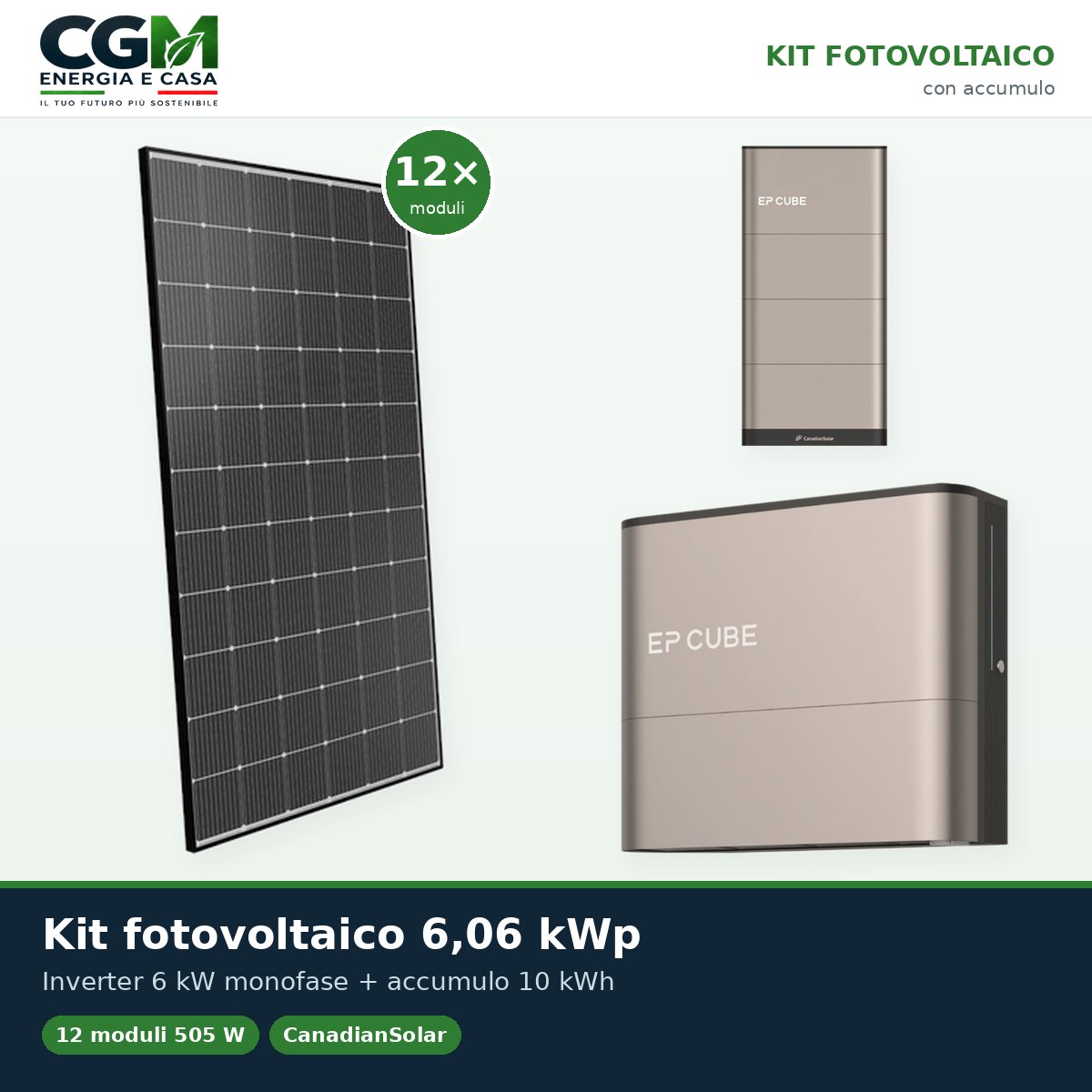 Kit fotovoltaico monofase 6060W inverter 6kW EP CUBE batteria al litio 10kWh CanadianSolar - CGM Energia e Casa