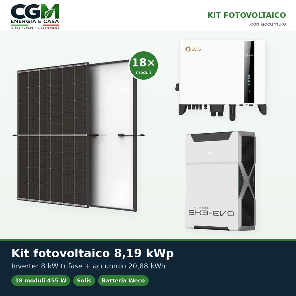 Kit fotovoltaico trifase 8190W inverter 8kW Solis litio 20.88kWh Weco EVO 5k3 - CGM Energia e Casa