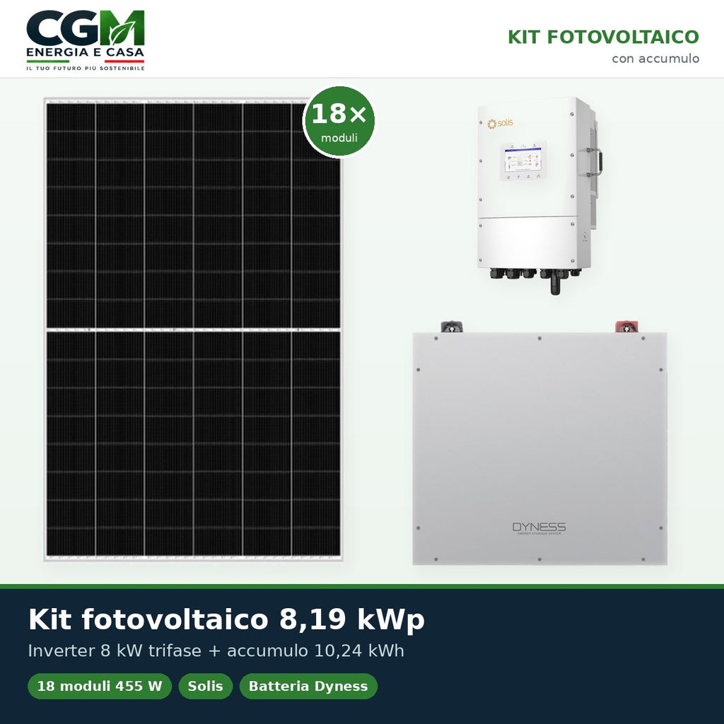 Kit fotovoltaico trifase 8190W inverter 8kW Solis LV batteria al litio 10.24kWh Dyness DL5.0C - CGM Energia e Casa