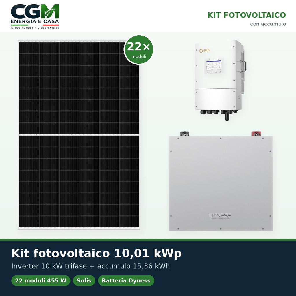 Kit fotovoltaico trifase 10010W inverter 10kW Solis LV batteria al litio 15.36kWh Dyness DL5.0C - CGM Energia e Casa