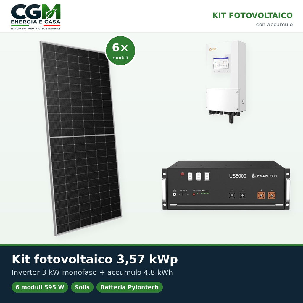 Kit fotovoltaico monofase 3570W inverter 3kW Solis batteria al litio 4.8kWh Pylontech US5000 - CGM Energia e Casa
