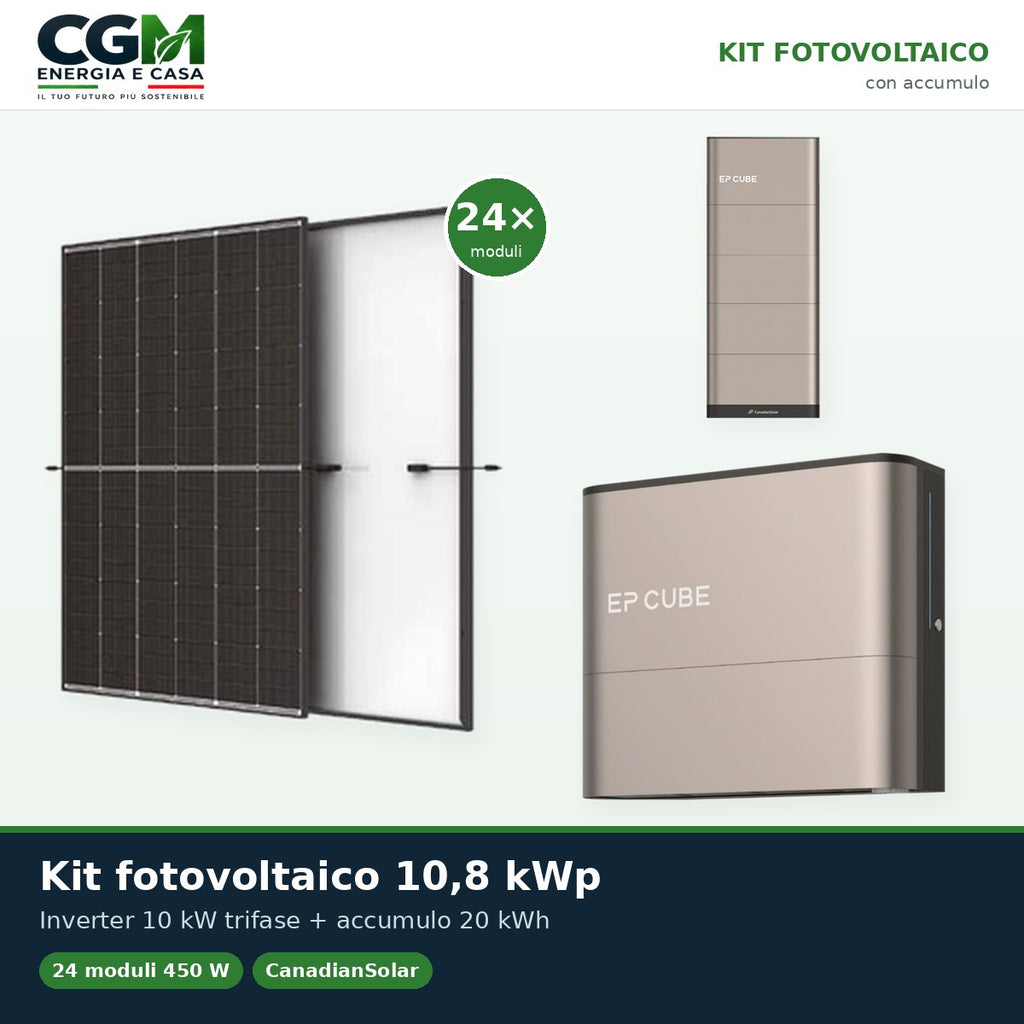Kit fotovoltaico trifase 10800W inverter 10kW EP CUBE batteria al litio 20kWh CanadianSolar - CGM Energia e Casa