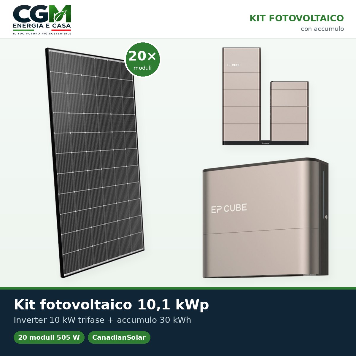 Kit fotovoltaico trifase 10100W inverter 10kW EP CUBE batteria al litio 30kWh CanadianSolar - CGM Energia e Casa