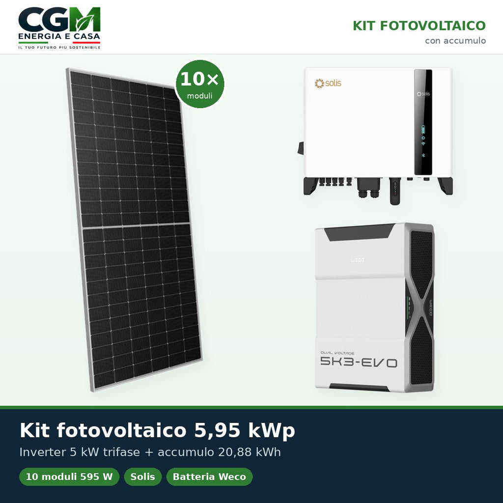 Kit fotovoltaico trifase 5950W inverter 5kW Solis batteria al litio 20.88kWh Weco EVO 5k3 - CGM Energia e Casa