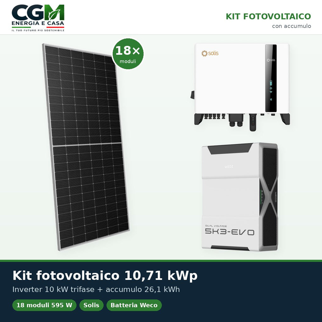 Kit fotovoltaico trifase 10710W inverter 10kW Solis batteria al litio 26.1kWh Weco EVO 5k3 - CGM Energia e Casa