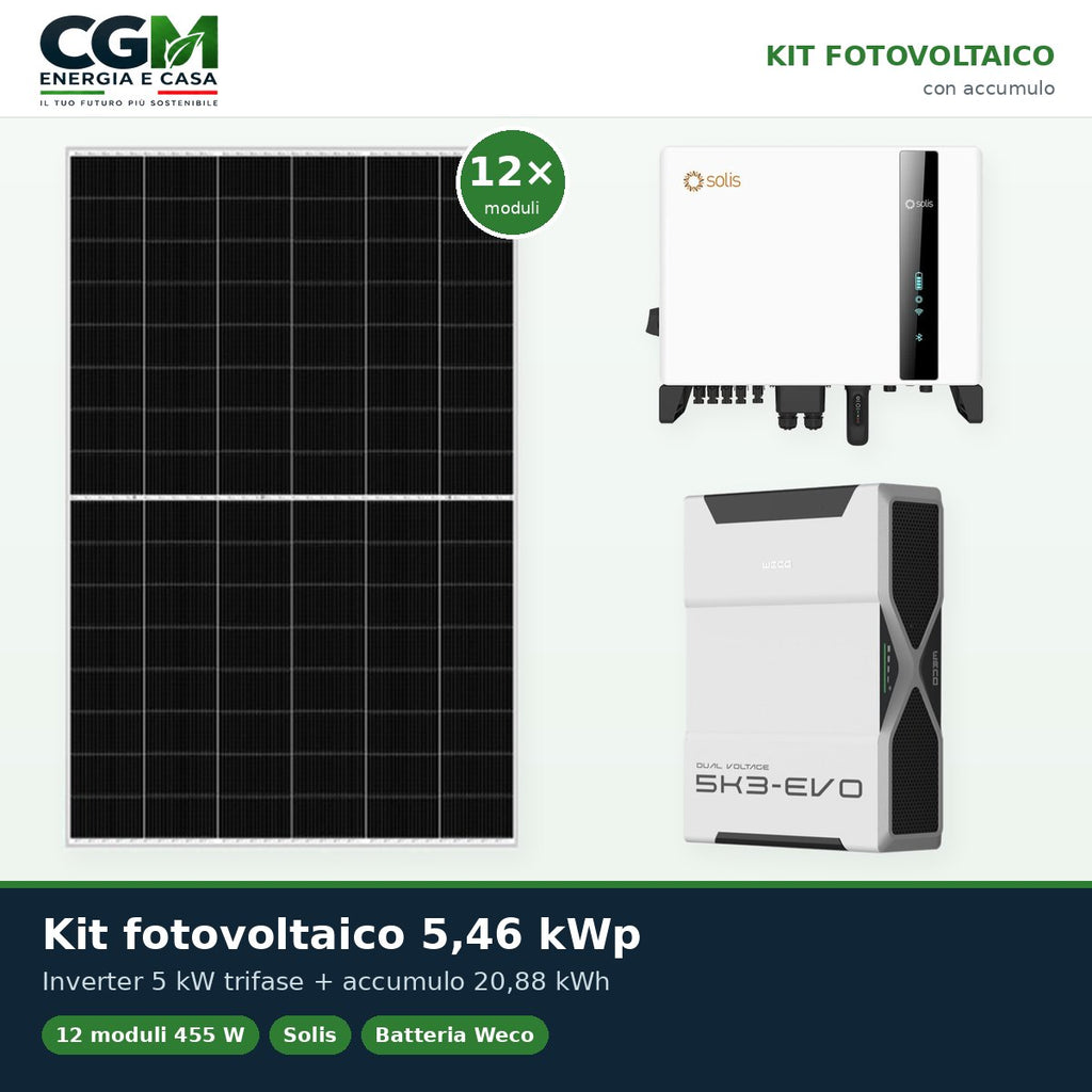 Kit fotovoltaico trifase 5460W inverter 5kW batteria al litio 20.88kWh Weco EVO 5k3 - CGM Energia e Casa