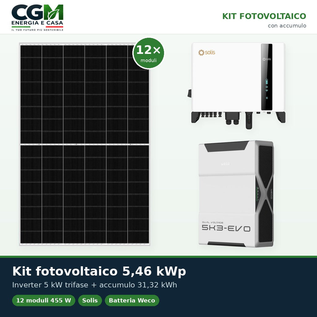 Kit fotovoltaico trifase 5460W inverter 5kW batteria al litio 31.32kWh Weco EVO 5k3 - CGM Energia e Casa