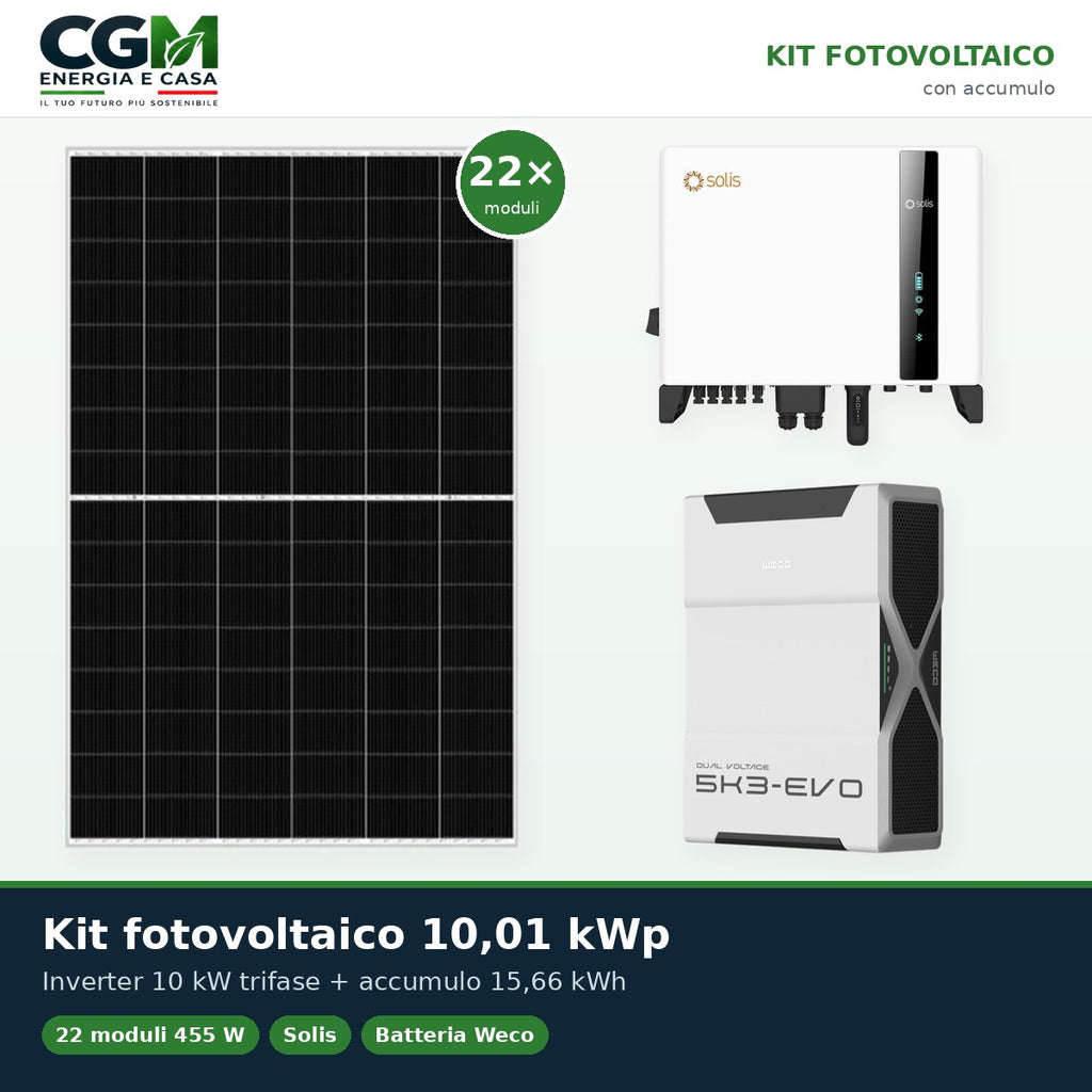 Kit fotovoltaico trifase 10010W inverter 10kW batteria al litio 15.66kWh Weco EVO 5k3 - CGM Energia e Casa