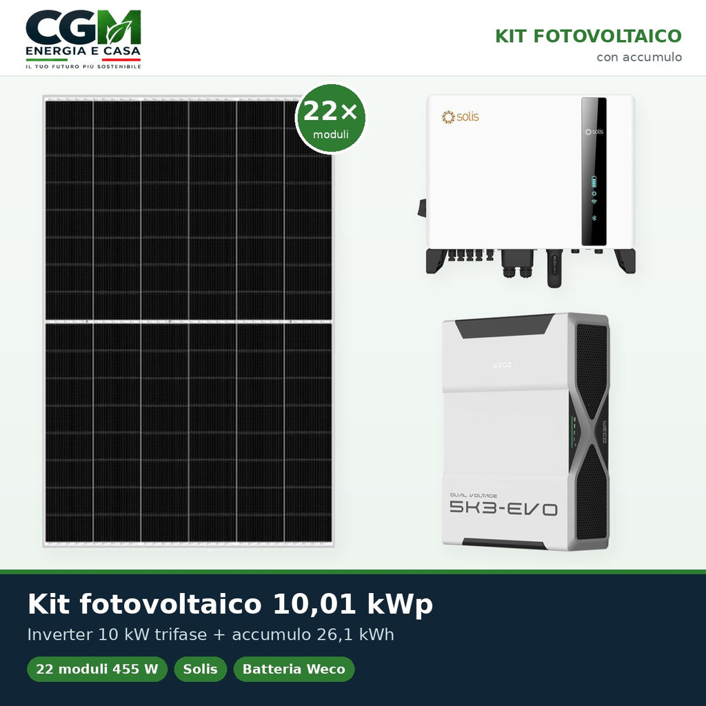 Kit fotovoltaico trifase 10010W inverter 10kW batteria al litio 26.1kWh Weco EVO 5k3 - CGM Energia e Casa