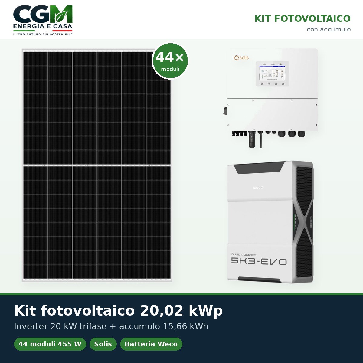 Kit fotovoltaico trifase 20020W inverter 20kW batteria al litio 15.66kWh Weco EVO 5k3 - CGM Energia e Casa