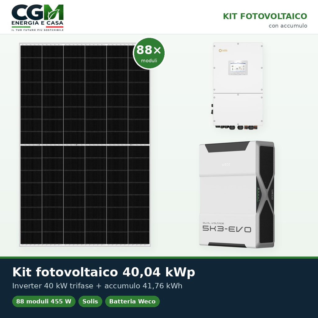 Kit fotovoltaico trifase 40040W inverter 40kW batteria al litio 41.76kWh Weco EVO 5k3 - CGM Energia e Casa