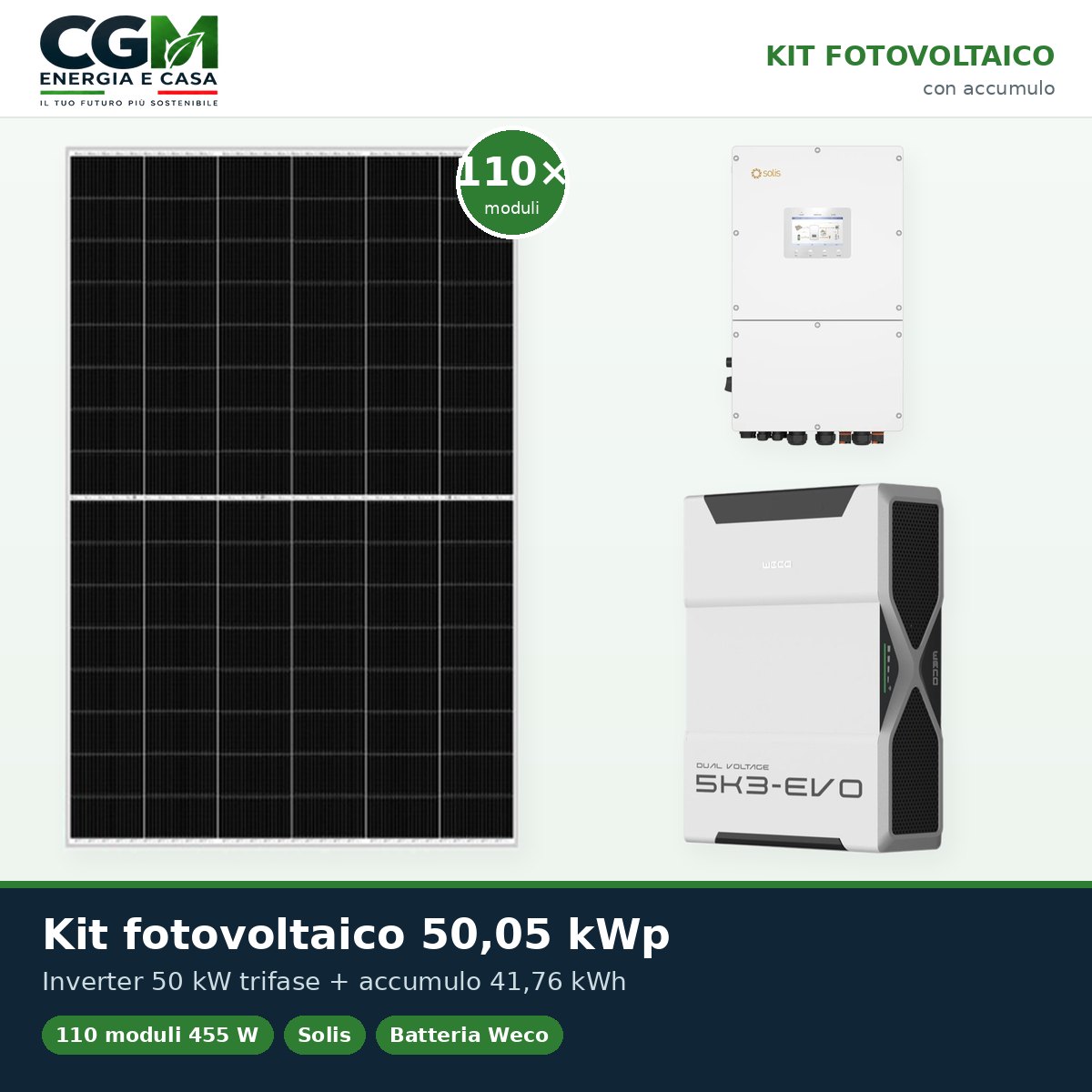 Kit fotovoltaico trifase 50050W inverter 50kW batteria al litio 41.76kWh Weco EVO 5k3 - CGM Energia e Casa