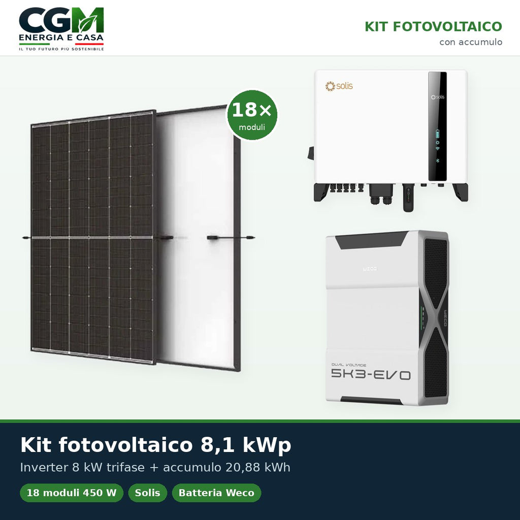 Kit fotovoltaico trifase 8100W inverter 8kW Solis litio 20.88kWh Weco EVO 5k3 - CGM Energia e Casa