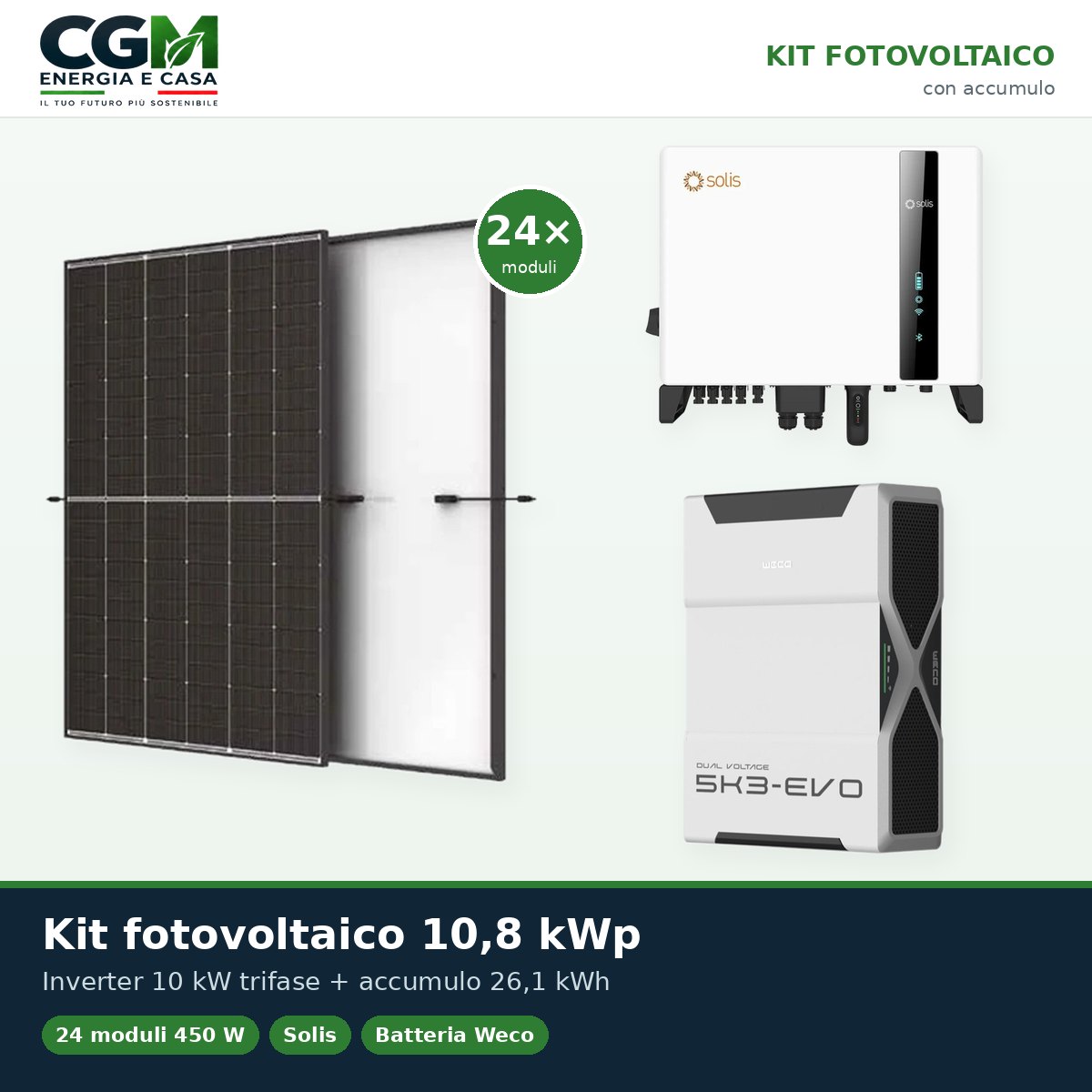 Kit fotovoltaico trifase 10800W inverter 10kW Solis litio 26.1kWh Weco EVO 5k3 - CGM Energia e Casa