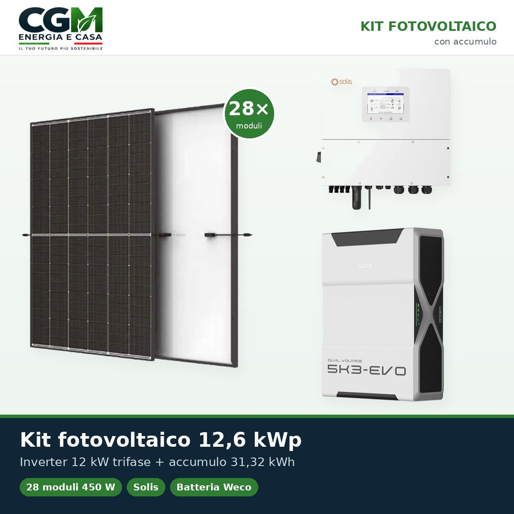 Kit fotovoltaico trifase 12600W inverter 12kW Solis litio 31.32kWh Weco EVO 5k3 - CGM Energia e Casa