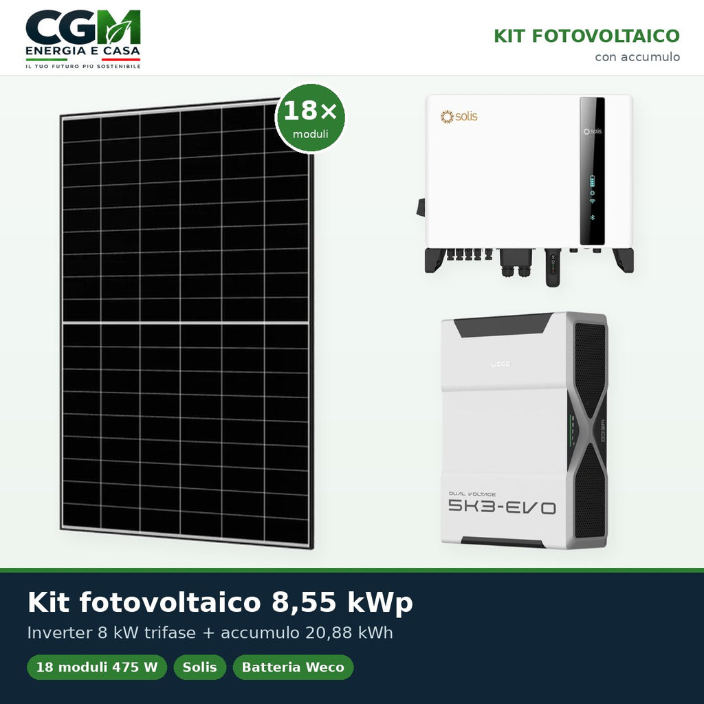 Kit fotovoltaico trifase 8550W inverter 8kW Solis litio 26.1kWh Weco EVO 5k3 - CGM Energia e Casa