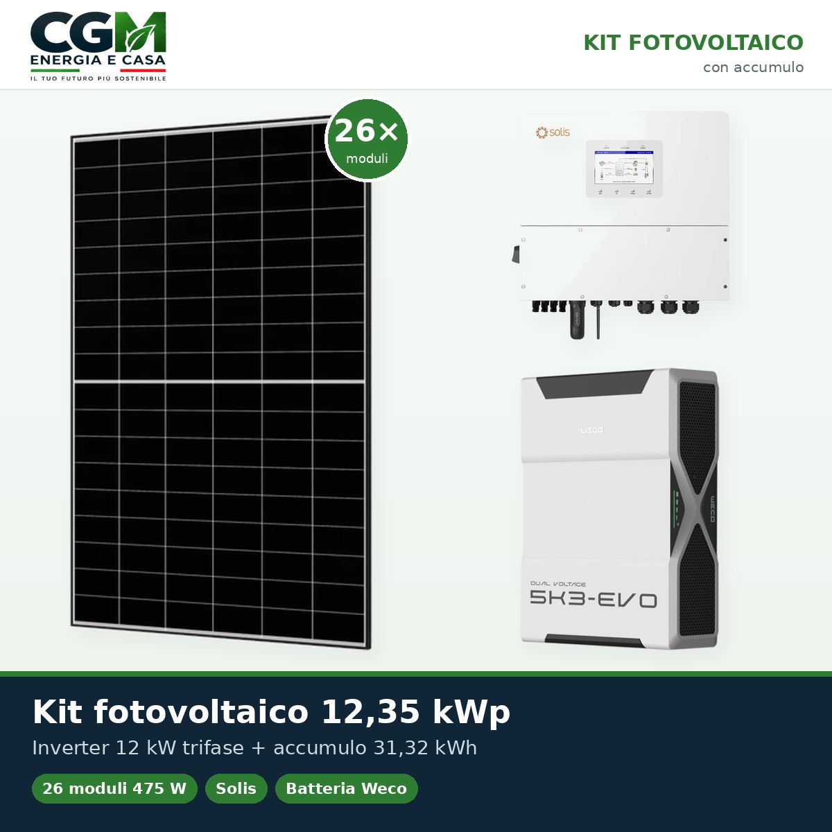 Kit fotovoltaico trifase 12350W inverter 12kW Solis litio 31.32kWh Weco EVO 5k3 - CGM Energia e Casa