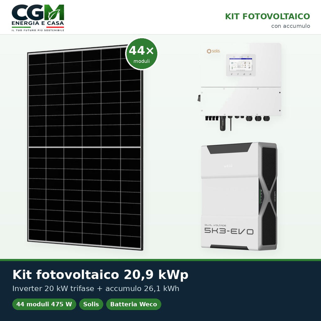 Kit fotovoltaico trifase 20900W inverter 20kW Solis litio 26.1kWh Weco EVO 5k3 - CGM Energia e Casa