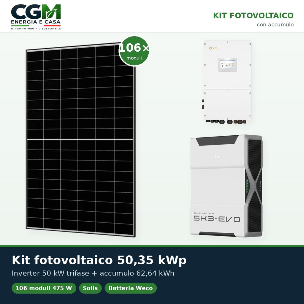 Kit fotovoltaico trifase 50350W inverter 50kW Solis litio 62.64kWh Weco EVO 5k3 - CGM Energia e Casa