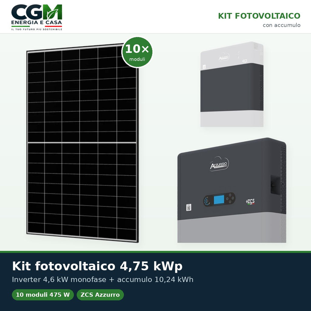 Kit fotovoltaico monofase 4750W inverter 4.6kW All in one batteria al litio 10.24kWh HV ZBT 5K Zucchetti - CGM Energia e Casa