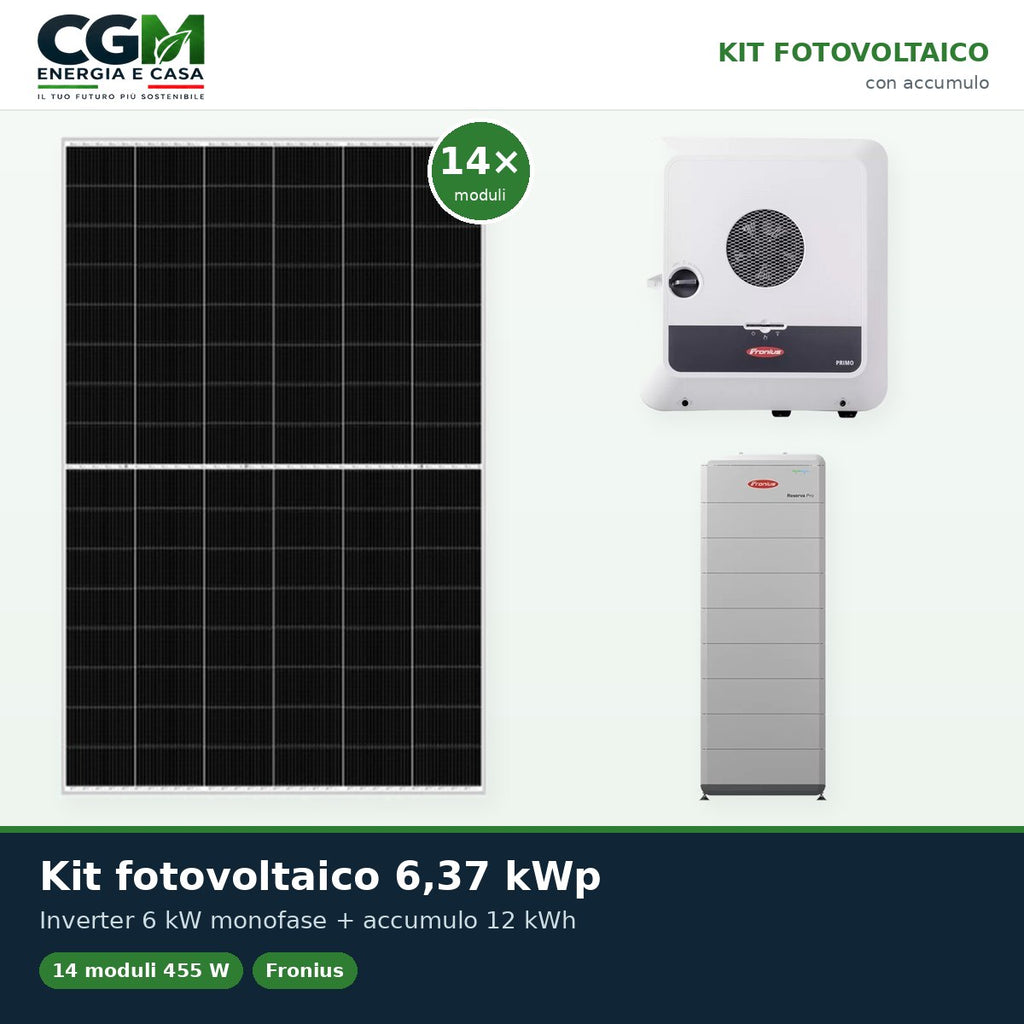 Kit fotovoltaico monofase 6370W inverter 6kW Primo GEN24 Plus batteria litio 12kWh Fronius Reserva Pro - CGM Energia e Casa